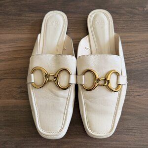 Zara Cream Leather Buckle Loafer Mules Size 40 US 9/9.5